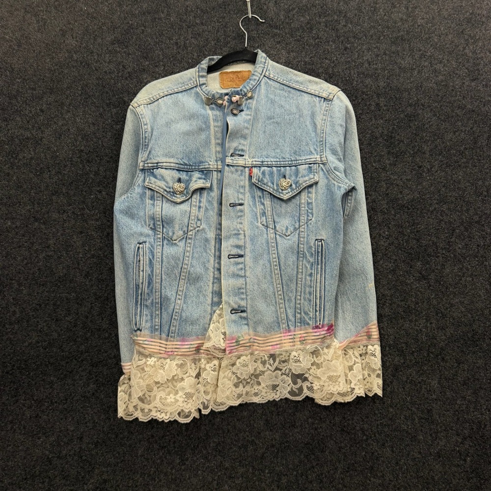 Vintage Levis Type 3 Reworked Denim Jacket 70s Lace Cottagecore Blue 40R